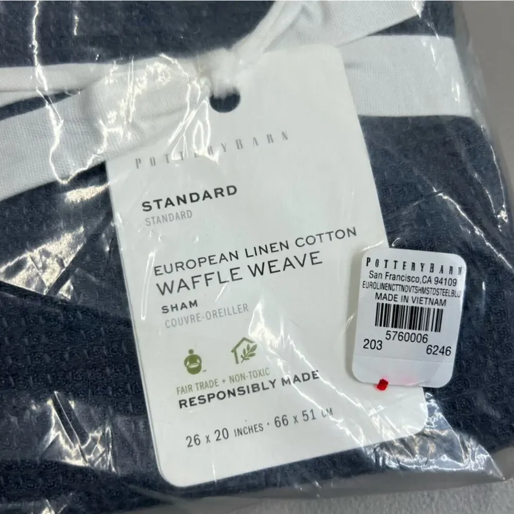 Potterybarn European Linen Cotton Waffle Weave Std Sham Cover Steel Blue NEW